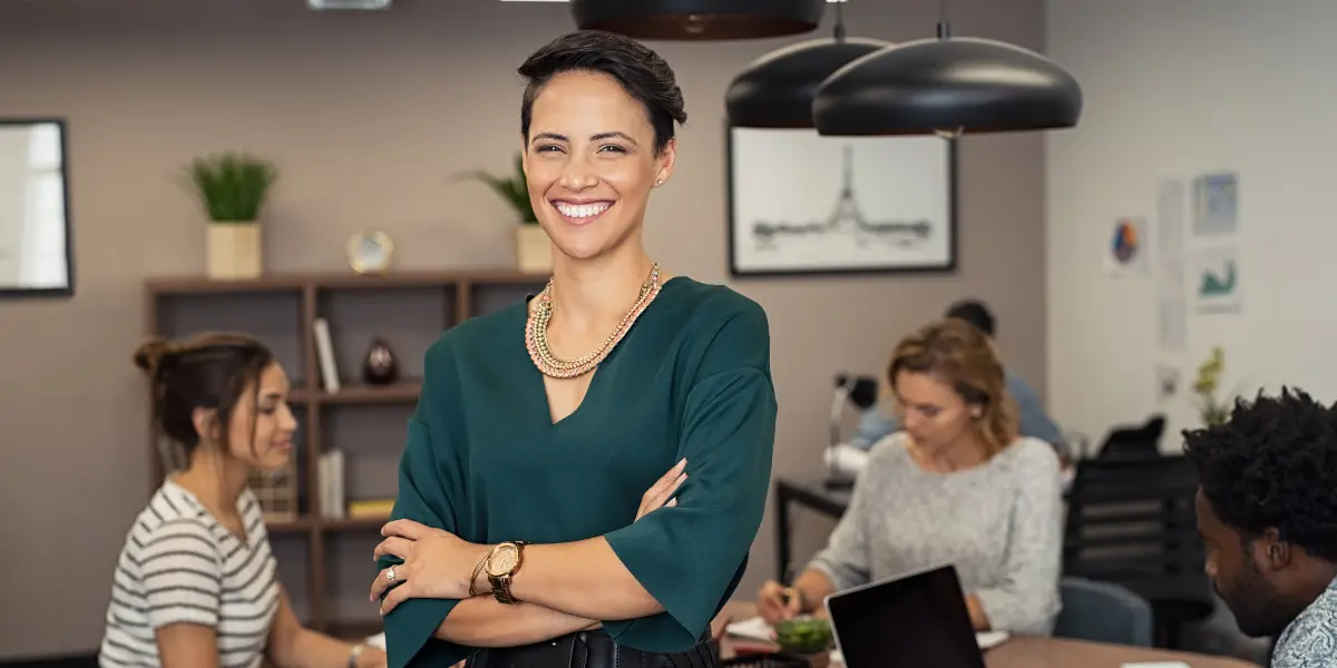 Woman smiling deciding about business copiers and printers