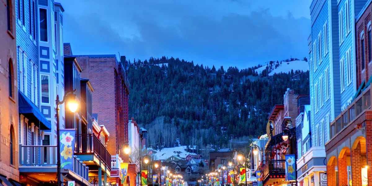Image looking down evening winter street in Park City, Utah